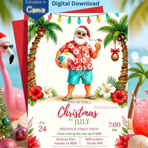 Op de afbeelding: Een uitnodiging voor een kerstfeest in juli met een digitale illustratie van de Kerstman in een rood bloemenhemd, een blauwgroene korte broek en een zonnebril, met een strandbal, omringd door palmbomen, lichtsnoeren en tropische bloemen.