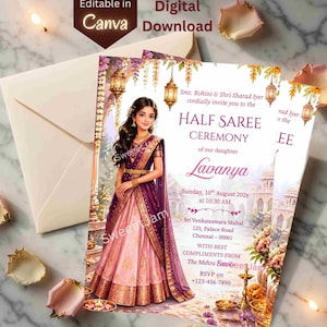 May include: A digital invitation for a Half Saree Ceremony featuring an illustration of a person in a purple and pink traditional outfit. The text includes event details, date, time, location, and RSVP information. The design is editable in Canva.