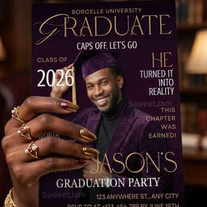 EDITABLE Graduation Party Invitation,boy graduation Magazine Cover Style | Add Your Photo | purple gold Printable & Digital | Canva Template