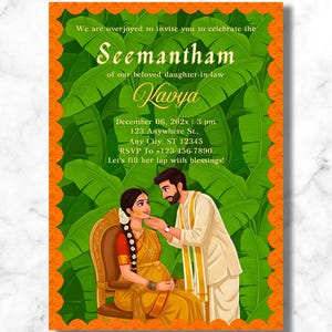 以下が含まれることがあります： Seemanthamのお祝いの招待状。伝統的な衣装を着たカップルが、緑のバナナの葉とオレンジ色の花のボーダーを背景に描かれています。カードにはイベントの詳細とKavyaの名前が記載されています。