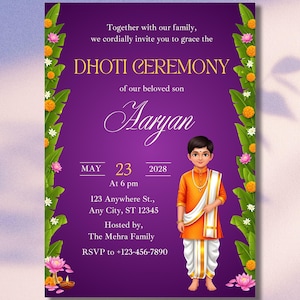 May include: A purple invitation for a Dhot Ceremony, with text and an illustration of a young boy in traditional clothing. The invitation includes the date, time, and location, with floral and leaf border decorations.
