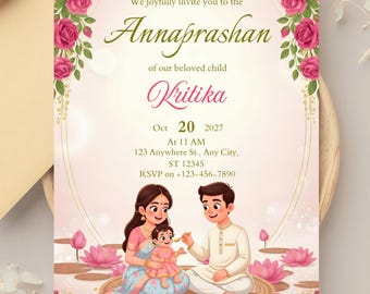 Editable Annaprashan Invite,parents feeding baby, Rice Feeding Ceremony,Printable Digital Template Instant Download,mukhe bhat,pasni
