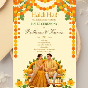 Op de afbeelding: Een huwelijksuitnodiging met de tekst "Haldi Hai!" en details voor Ridhima & Karans Haldi-ceremonie op 20 oktober 2027. Het ontwerp bevat illustraties van een stel in gele kleding, bloemenslingers en goudsbloemaccenten.