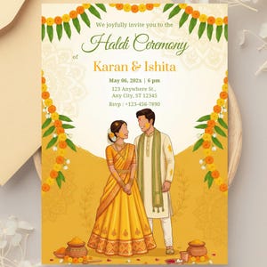 May include: A wedding invitation with a yellow and orange floral design. The invitation text reads "Haldi Ceremony" and includes the names Karan & Ishita, date, time, address, and RSVP information.