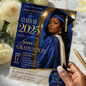 May include: A rectangular graduation invitation card featuring a deep blue background with gold accents. It displays the text 'Class of 2025', 'Luna's Graduation', and event details including the date 17 June 2025, and location in Atlanta, Georgia.
