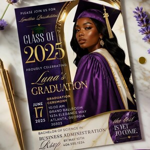 May include: A graduation announcement with a photo of a person in a purple cap and gown. The invitation includes the text "Class of 2025" and "Lana's Graduation". Gold accents and lavender sprigs complete the design.