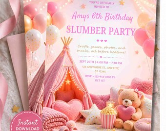 Editable Slumber Party Birthday Invitation, Sleepover Party Invite, Pink Girls Birthday Invitation, Printable Invite,Canva InstantDownload