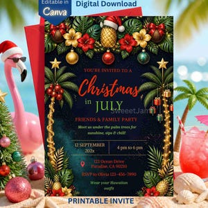 Peut inclure: Une invitation numérique pour une fête de Noël en juillet avec un fond sombre, des palmiers, des fleurs tropicales, des ananas portant des bonnets de Père Noël et des boules de Noël. Le texte indique : You're invited to a Christmas in July.