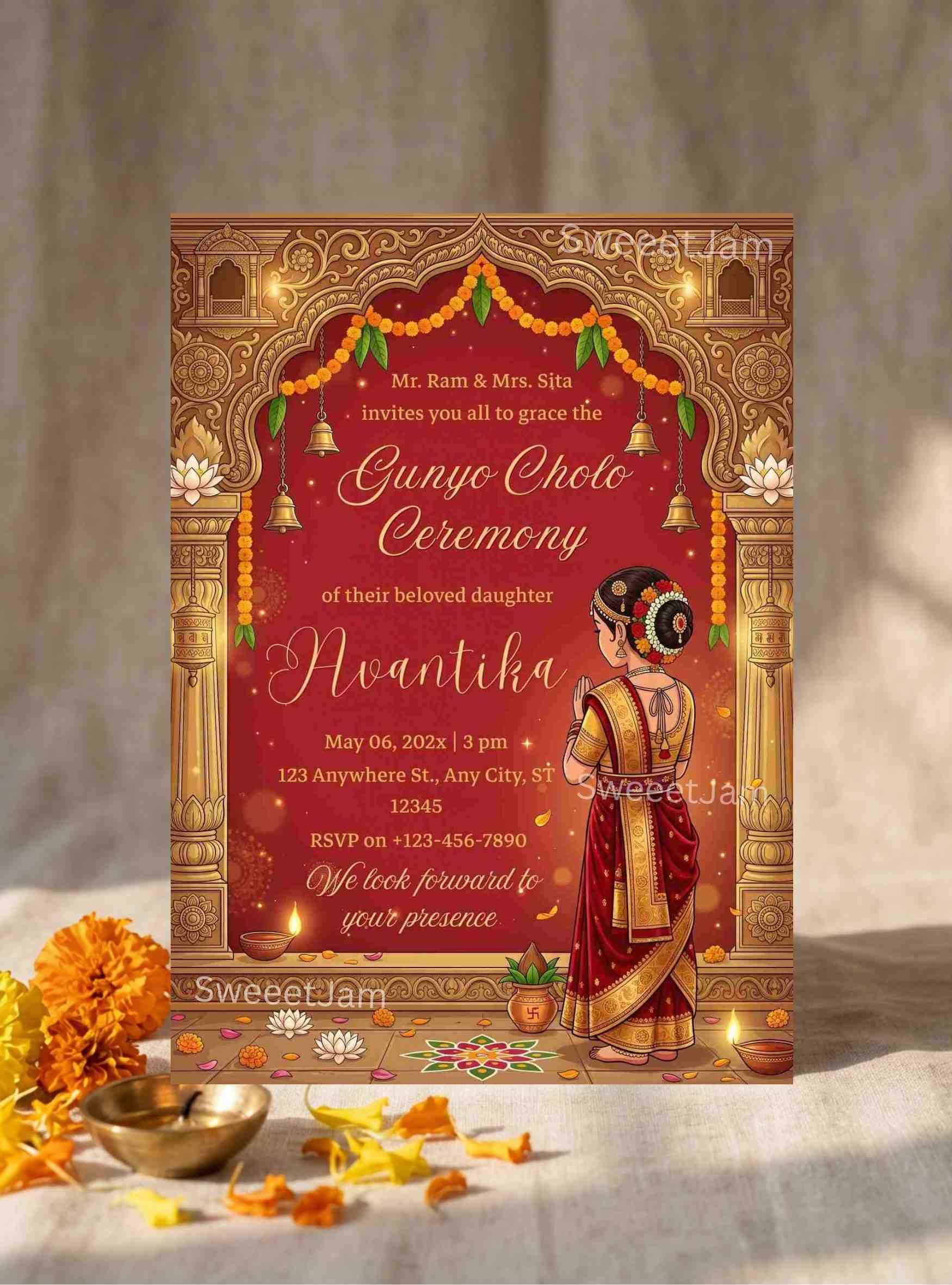 Editable Traditional Gunyo Cholo Invite, Half Saree Ceremony Invitation ...