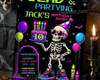 Editable Neon Skeleton Birthday Invitation, Halloween Birthday Party,Dead & Partying,Adult Birthday Bash,Retro 80sNeon Party Canva Template