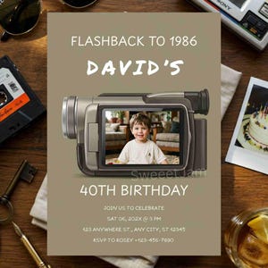 May include: A digital birthday invitation template featuring a vintage camcorder with a child's photo on the screen. Text reads FLASHBACK TO 1986, DAVID'S 40TH BIRTHDAY, JOIN US TO CELEBRATE, SAT 06, 202X @ 3 PM, 123 ANYWHERE ST., ANY CITY, ST 12345, RSVP TO ROSEY +123-456-7890.