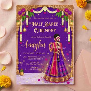 May include: A purple invitation card for a Half Saree Ceremony. The card features gold accents, floral decorations, and an illustration of a woman in traditional attire. The text includes the name "Anagha", date, time, and RSVP information.