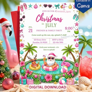 Può includere: Un invito per una festa di Natale a luglio con Babbo Natale e una renna in piscina, circondati da palme, palloni da spiaggia e regali. Il testo include i dettagli dell'evento, data, ora e luogo, con un bordo di icone estive e natalizie.