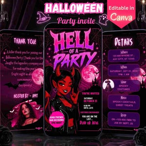 May include: A digital Halloween party invitation template displayed on three smartphone screens. The design features a red-skinned devil character, pink text reading Hell of a Party, and sections for event details, thank you notes, and RSVP information.