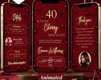 Editable Any age Birthday Invitation with Photo,40th Birthday Cherry Birthday Party,Red Elegant Glam Birthday Animated video Canva template
