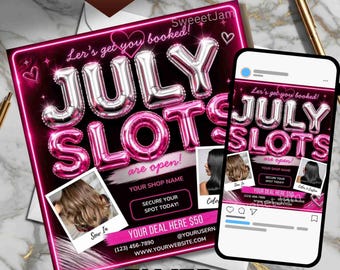 Editable July slots Are Now Open pink Hair Stylist Social Media Flyer,Salon lashes Booking Announcement,Canva Template Instant Download