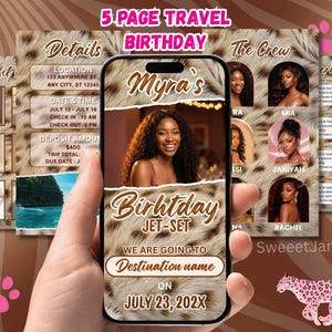 Peut inclure: Un modèle d'invitation numérique affiché sur un écran de smartphone avec un fond imprimé léopard. Le texte indique Myra's Birthday Jet-Set, We Are Going To Destination Name, et July 23, 202X, avec une photo centrale d'une personne souriante.