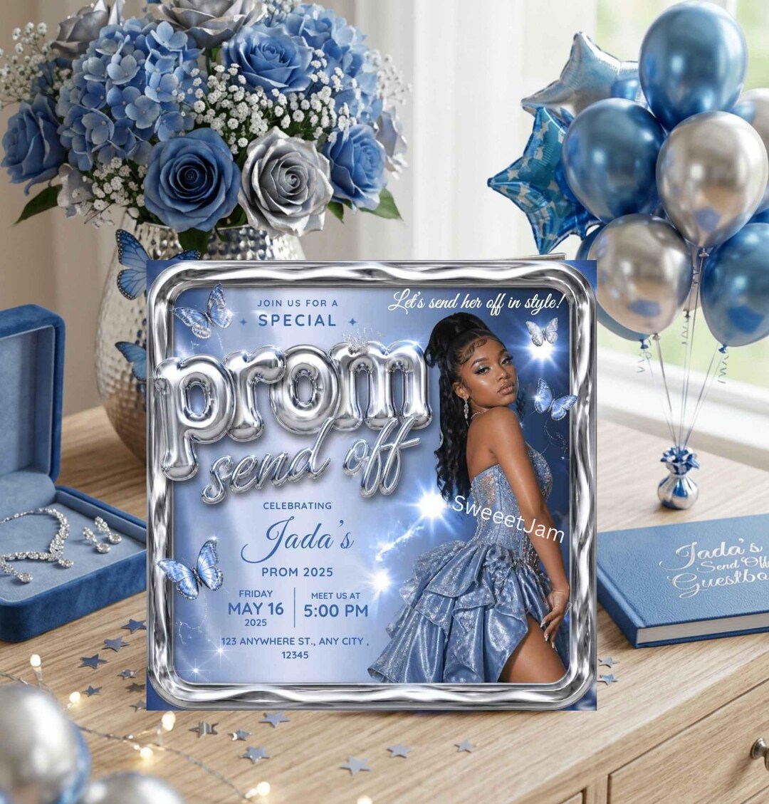 Instant Prom Design Editable Prom Send off Invite,girly Cute Blue Silver Butterfly ,high ...