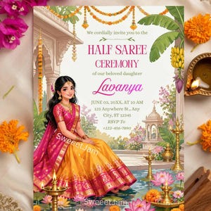 May include: Digital invitation for a Half Saree Ceremony. The design features a woman in a pink and yellow saree, with event details and floral decorations. The text includes the name 'Lavanya'.