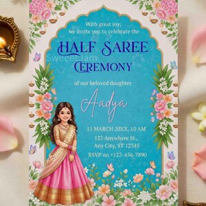 Bearbeitbare traditionelle Tempelgarten Half Saree Ceremony Einladung, Pubertätszeremonie, Südindisch, Langa Voni, Coming-of-Age-Vorlage zum Ausdrucken