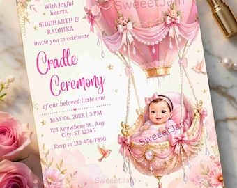 Editable Indian Baby CradleCeremony Invitation template, Pink Royal Baby  Naming ceremony,pink Air Balloon Invite Printable Digital Download