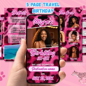 May include: A smartphone displaying a digital 5-page travel birthday invitation template with a pink leopard print background. The screen shows text including Myra's Birthday Jet-Set, Destination name, and July 23, 202X, alongside a portrait photo.