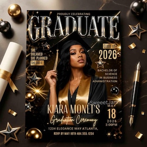 May include: A graduation announcement card featuring a person in a black cap and gown with a gold stole. The text reads GRADUATE, Class of 2026, BACHELOR OF SCIENCE IN BUSINESS ADMINISTRATION, KIARA MONET'S Graduation Ceremony, and event details.