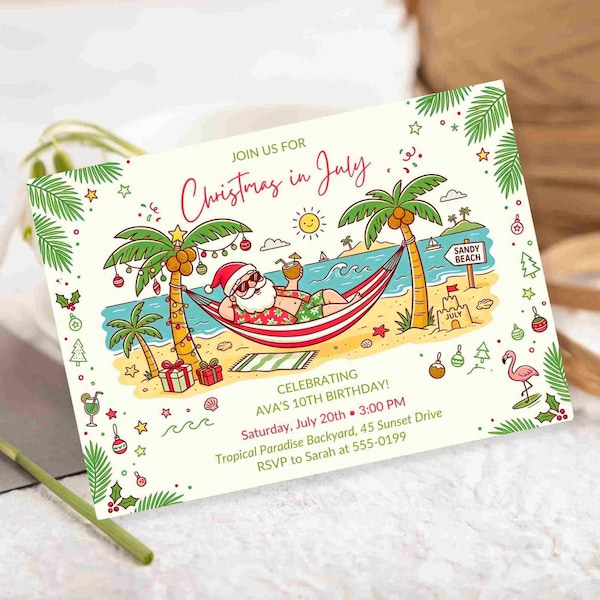 Bearbeitbare Weihnachten im Juli einladen, Sommer-Geburtstagsfeier, tropische hawaiianische Weihnachtsmann, druckbare 7 x 5 Urlaub Sofortiger Download Canva Vorlage