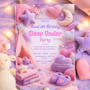 Puede incluir: Una tarjeta de invitación de cumpleaños rectangular con un tipi rosa, estrellas de peluche, corazones y una luna creciente. El texto dice: Tessa's 6th Birthday Sleep Under Party, Crafts, games, photos, and snacks, all before bedtime, Sept 19th.