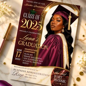 May include: Graduation announcement for the Class of 2025, featuring a photo of a graduate in a maroon cap and gown. The invitation includes details for the ceremony at the Grand Ballroom in Atlanta, Georgia.