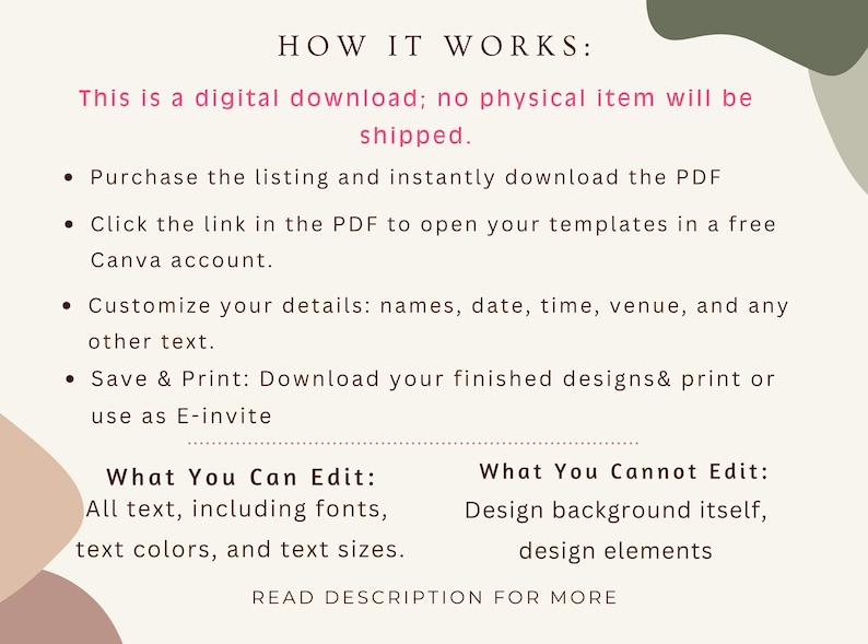 K&ouml;nnte beinhalten: Grafik zum digitalen Download mit Text, der erkl&auml;rt, wie das Produkt verwendet wird. Der Text enth&auml;lt Anweisungen zum Herunterladen der PDF-Datei, zum &Ouml;ffnen von Vorlagen in Canva, zum Anpassen von Details sowie zum Speichern und Drucken von Designs.