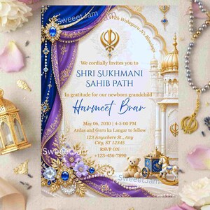 Convite recém-nascido Editável Shri Sukhmani Sahib Path, Royal Blue Purple Gold Sehaj path Sikh Baby Blessed Ardas Convite Modelo digital 5 x 7