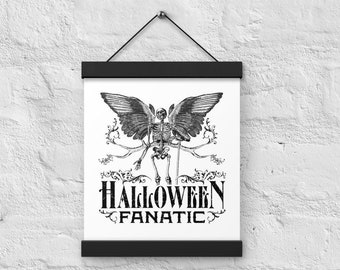 Poster with hangers, Halloween Fanatic, Halloween decoration, Horror, Scary, Wall Art, Hanging, Print, Frame, Winged Skeleton, Victorian