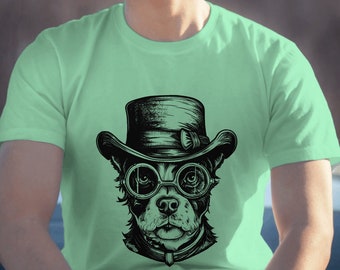 Unisex t-shirt, Steampunk, Dog, Canine, Pet, Pet Owner, Pet Lover, Fur, Baby, Top Hat, Dapper, Soft, Short-Sleeve, Geek, Cyberpunk, Cosplay