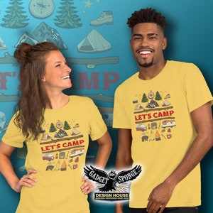 Let&#39;s Camp Camping Short-Sleeve Unisex T-Shirt Tent Campfire Mountains Outdoors Gift RV Rving Travel Nature Wildlife Hiking FREE Shipping!
