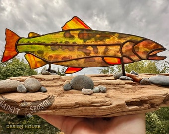 Stained glass, Rainbow Trout, Freshwater, Rainbow Colors, Glass, Suncatcher, Brook, Fishing, Fish, Driftwood, Rocks, Stream, GadgetSponge