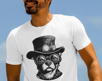 Unisex t-shirt, Steampunk, Dog, Canine, Pet, Pet Owner, Pet Lover, Fur, Baby, Top Hat, Dapper, Soft, Short-Sleeve, Geek, Cyberpunk, Cosplay