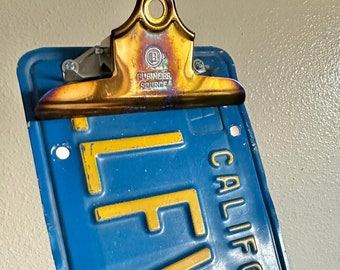 Repurposed California License Plate Clipboard, State, Blue Yellow, Wall Decor, Numbers, Industrial, Sign, Car, Truck, Golden State, Classic
