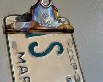 Maryland, Repurposed License Plate Clipboard, State, Wall Decor, Numbers, Clip, Industrial, Car, Truck, 1970, Antique, Cream, Teal, Blue