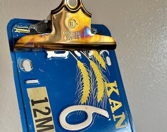 Kansas Repurposed License Plate Clipboard, State, Wall Decor, Numbers, Clip, Industrial, Sign, Car, Truck, 1988, Wheat, Blue
