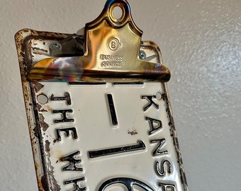 Kansas Repurposed License Plate Clipboard, State, Wall Decor, Numbers, Clip, Industrial, Sign, Car, Truck, Wheat State, 1956, Marion County