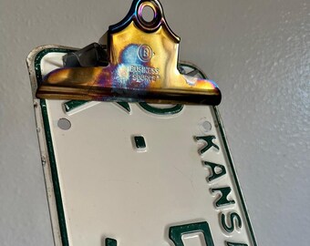 Kansas Repurposed License Plate Clipboard, State, Wall Decor, Numbers, Clip, Industrial, Sign, Car, Truck, 1963, Dickinson County, Antique