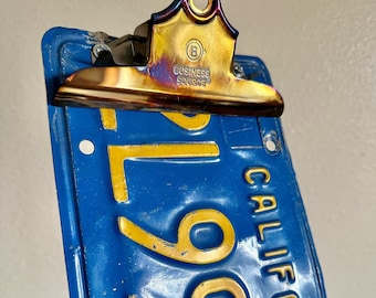 Repurposed California License Plate Clipboard, State, Blue Yellow, Wall Decor, Numbers, Industrial, Sign, Car, Truck, Golden State, Classic