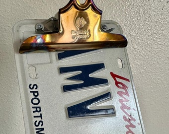 Repurposed License Plate Clipboard, Louisiana, Wall Decor, Numbers, Industrial, Sign, Red White, Blue, Sportsman's Paradise, Car, Truck