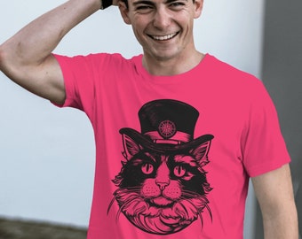 Unisex t-shirt, Steampunk, Cat, Feline, Pet, Pet Owner, Pet Lover, Fur, Baby, Top Hat, Dapper, Soft, Short-Sleeve, Geek, Cyberpunk, Cosplay