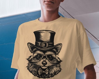 Unisex t-shirt, Steampunk, Raccoon, Trash Panda, Pet, Pet Lover, Fur, Baby, Top Hat, Dapper, Soft, Short-Sleeve, Geek, Cyberpunk, Cosplay