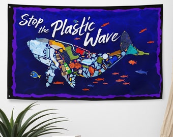 Stop the Plastic Wave Save Our Oceans Premium Flag Wall Art or Hang Conservation Nature Trash Fish Wildlife Pollution Bags Bottles  FREE S/H