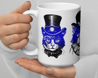 White glossy mug, Cats, Feline, Steampunk, Victorian, Hat, Pet, Pet Owner, Pet Lover, Fur, Baby, Top Hat, Dapper, Geek, Cyberpunk, Cosplay