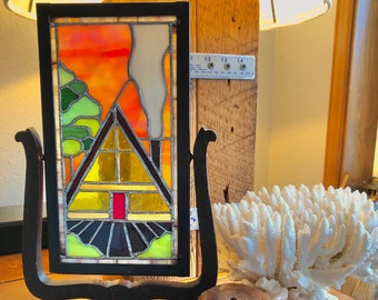 Stained Glass, Cabin, A Frame, Window Hanging, Window Art, Custom, Suncatcher, Garden Art, Vacation, Lake, OOAK Original, GadgetSponge