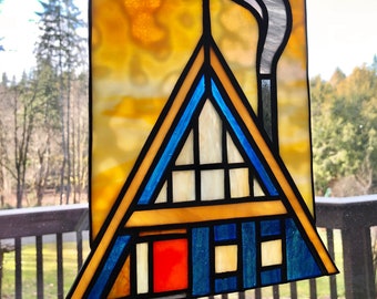 Stained Glass, Cabin, A Frame, A-Frame, Window Hanging, Window Art, Custom Design, Suncatcher, Garden Art, Vacation, Lake, OOAK Original Art